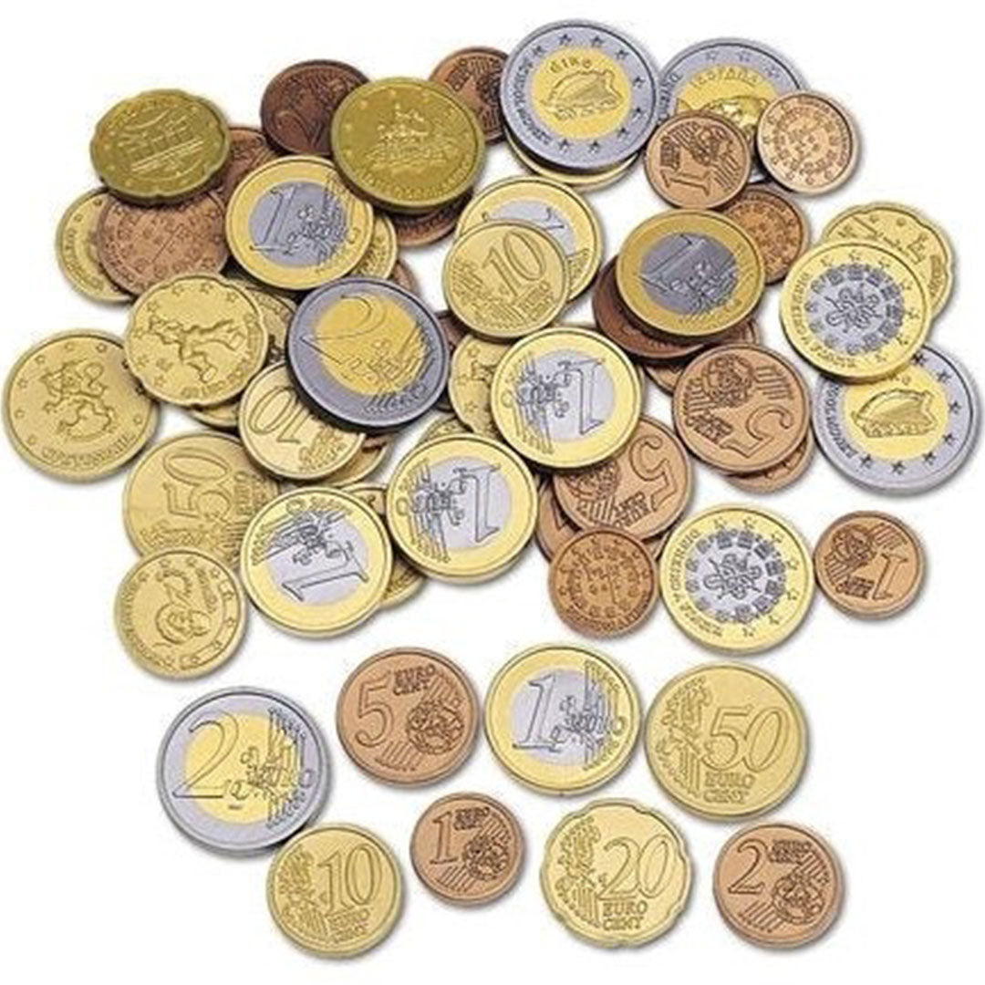 Een collectie Learning Resources speelgeld euro munten in verschillende waarden en kleuren.