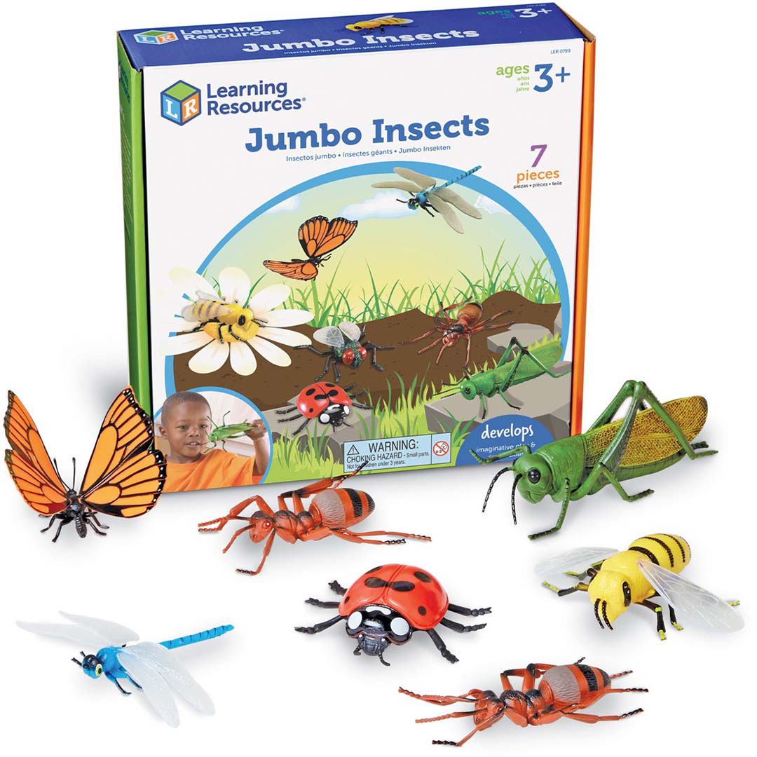 Learning Resources Jumbo Insects speelgoedset met verpakking en zeven plastic insectenfiguren.