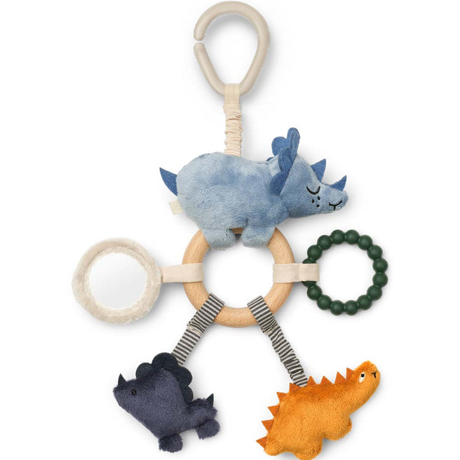 Liewood activiteitenknuffel Angie Dino met houten ring, spiegel, bijtring en drie pluche dinosaurussen.