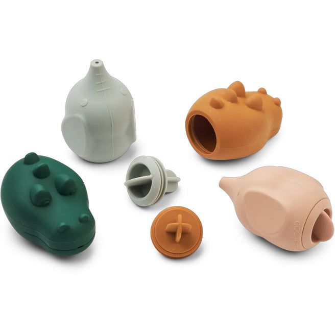 Liewood badspeelgoed set met vier siliconen badspuiters in diervormen en twee stoppers.