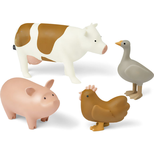 Liewood rubberen boerderijdieren speelgoedset met een koe, varken, gans en kip.