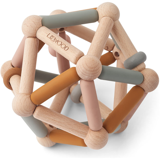 Liewood grijpspeeltje Annemette, een geometrische bal van hout en veelkleurige siliconen segmenten.