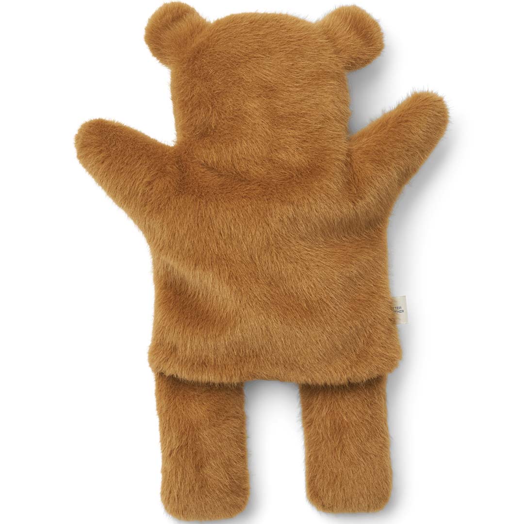 Liewood bruine pluche handpop in de vorm van een beer, achteraanzicht.