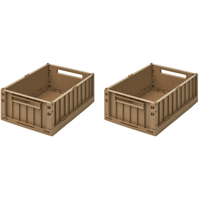 Twee Liewood Weston opbergkratten in oat kleur, opengeklapt en klaar voor gebruik.