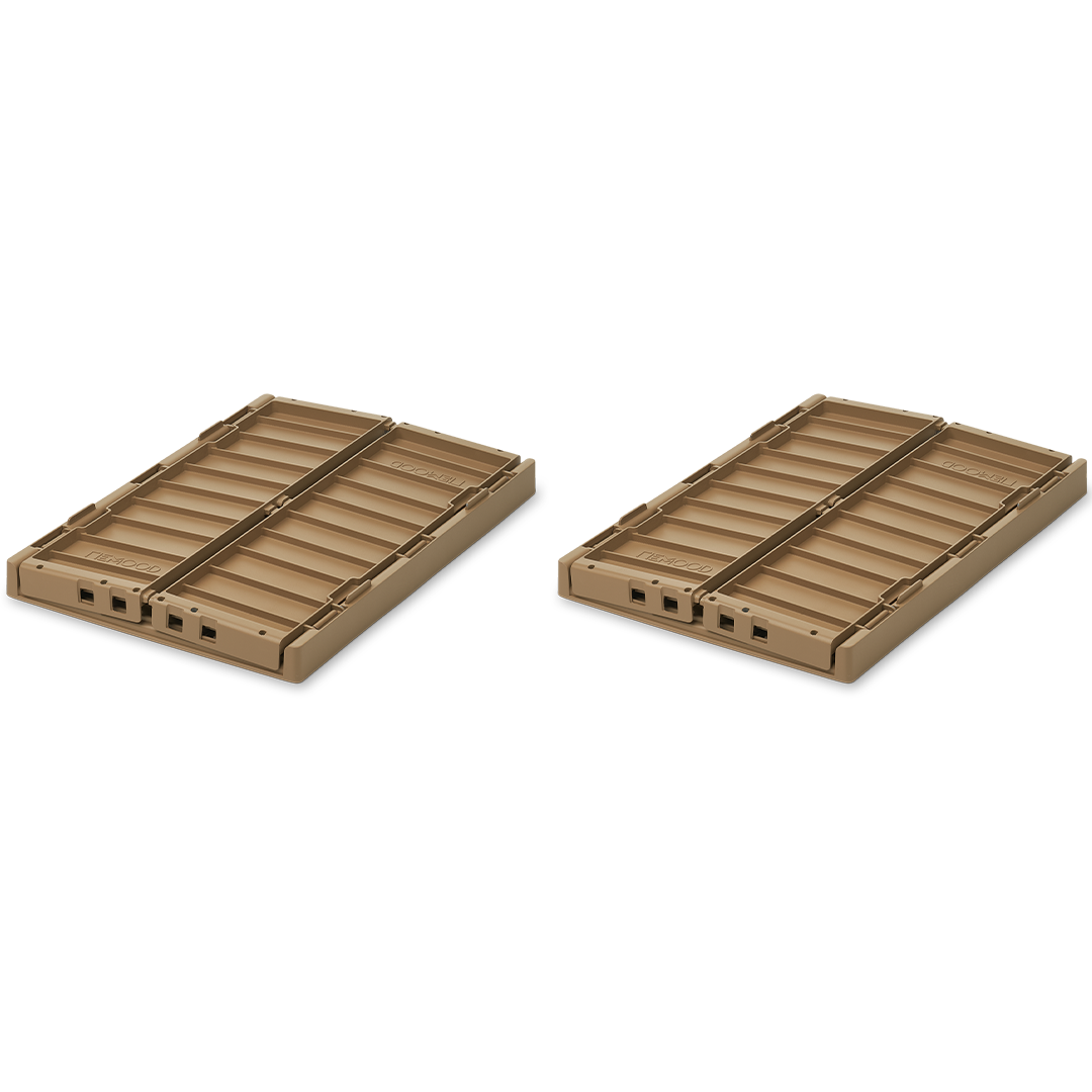 Twee Liewood Weston opbergkratten in oat kleur, plat opgevouwen.