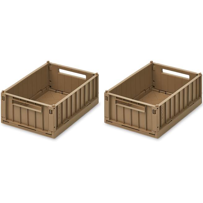 Twee open Liewood Weston opbergkratten in beige kleur, schuin van bovenaf gefotografeerd.
