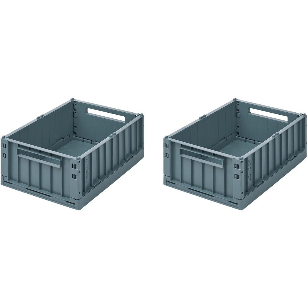 Twee open Liewood Weston opbergkratten in de kleur whale blue.