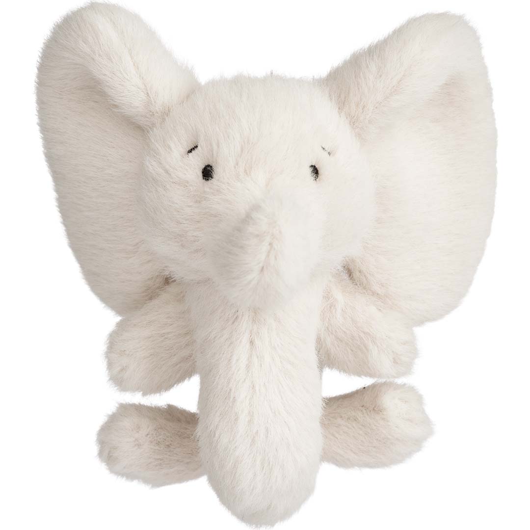 Liewood pluche olifant rammelaar, wit en van voren gefotografeerd.