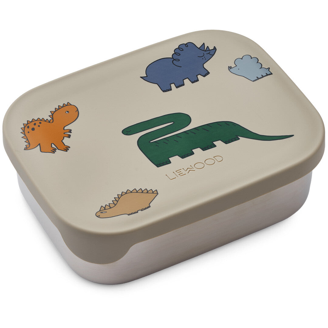 Liewood RVS broodtrommel met beige deksel en dinosaurus illustraties.