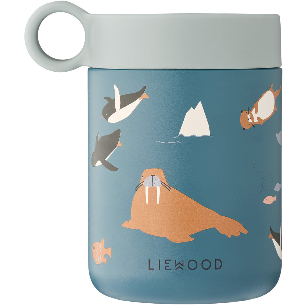 Liewood blauwe thermos container met arctic sea dierenpatroon en lichtgroene deksel.