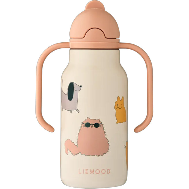Liewood beige RVS thermosfles voor baby's en peuters met rietje, handvatten en illustraties van katten en honden.