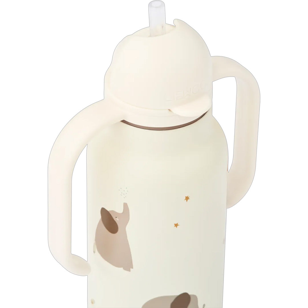 Detail van de baby thermosfles met een olifant die water spuit en sterren.