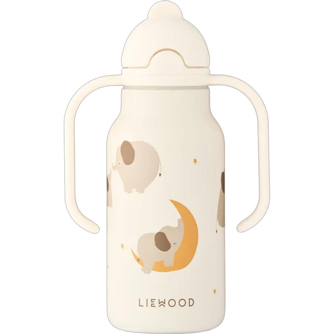 Liewood baby thermosfles met handvatten en een patroon van olifanten, een maan en sterren.