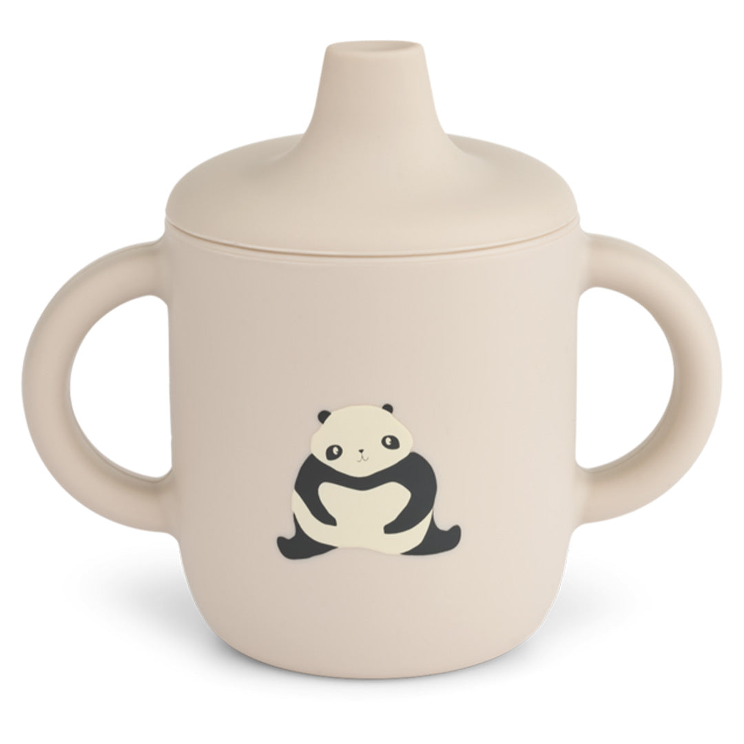 Liewood siliconen tuitbeker in beige met panda-illustratie en tuitdeksel.