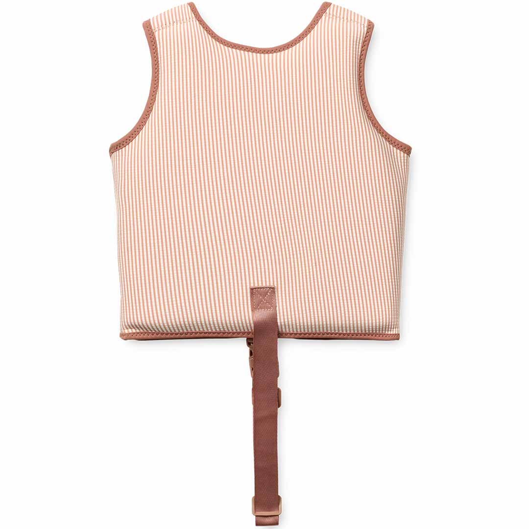 Achterkant van het roze en crème gestreepte zwemvest voor kinderen.