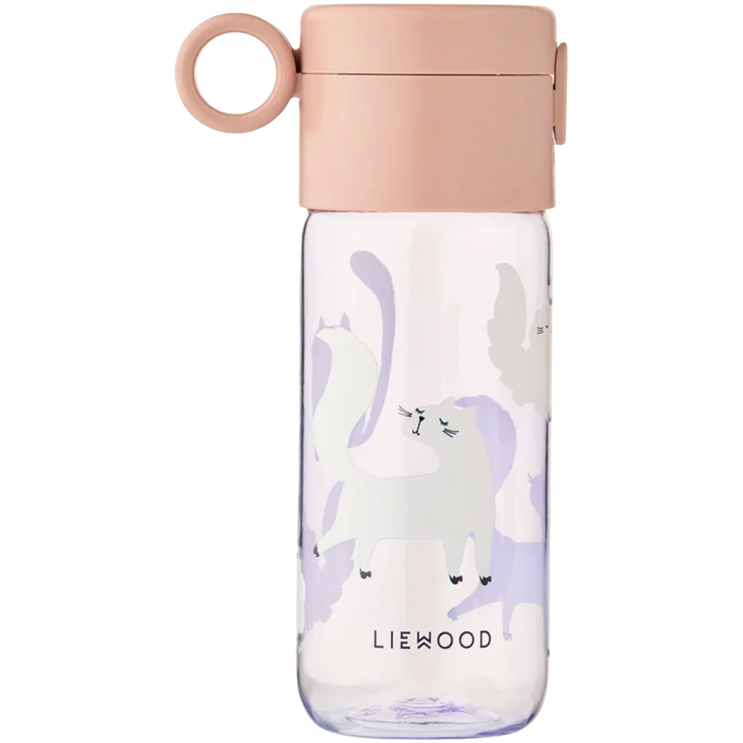 Liewood drinkfles met roze deksel en kattenprint.