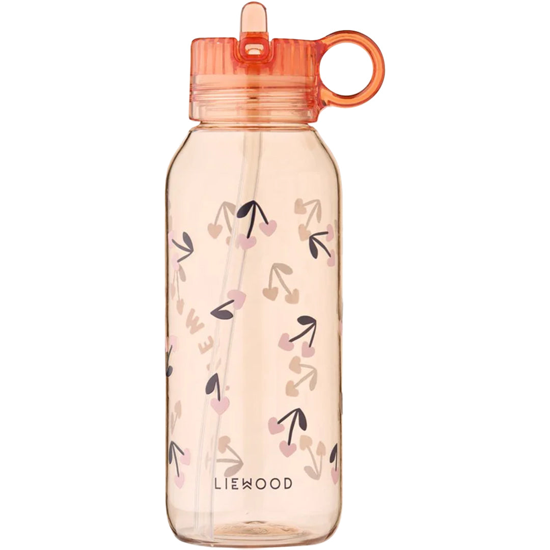 Liewood drinkfles met kersenpatroon, rietje en oranje dop.