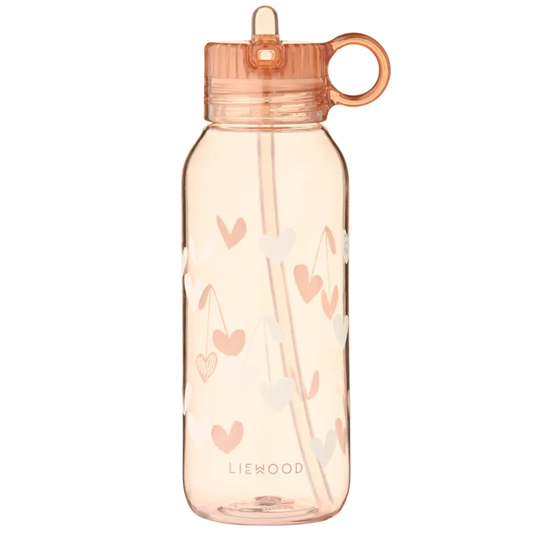 Liewood kinder drinkfles in roze met harten en kersenpatroon.