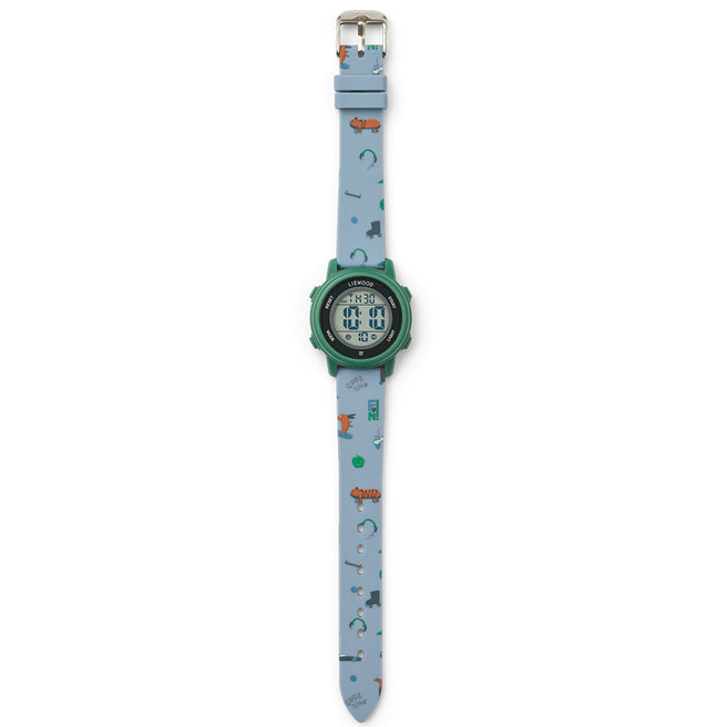 Liewood kinder digitaal horloge met groene kast en lichtblauwe band met vrolijke patronen.