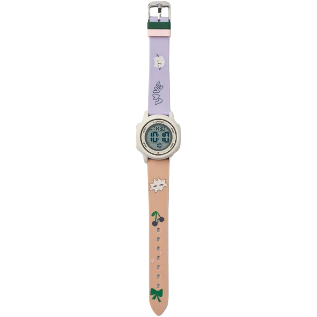 Liewood kinderhorloge Sussi Mood met digitaal display en een tweekleurige band met vrolijke decoraties.