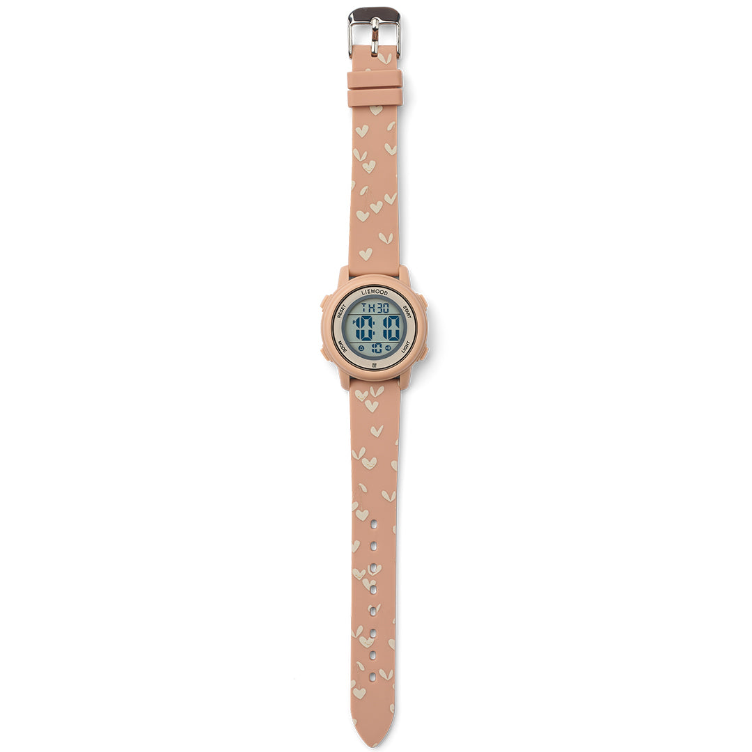 Liewood kinderhorloge Sussi in pale tuscany met hartjespatroon op de band.