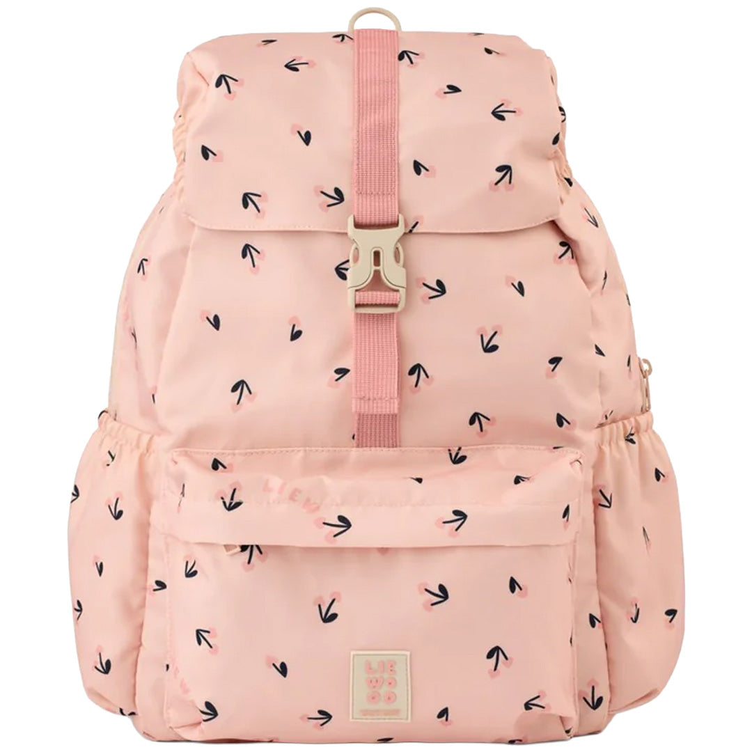 Liewood kinderrugtas Johnny in roze met cherry heart patroon, van voren gezien.