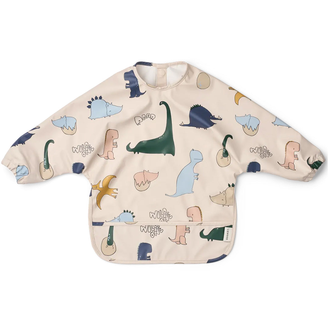 Liewood beige mouwslab met lange mouwen en een dinopatroon, met een voorvakje.