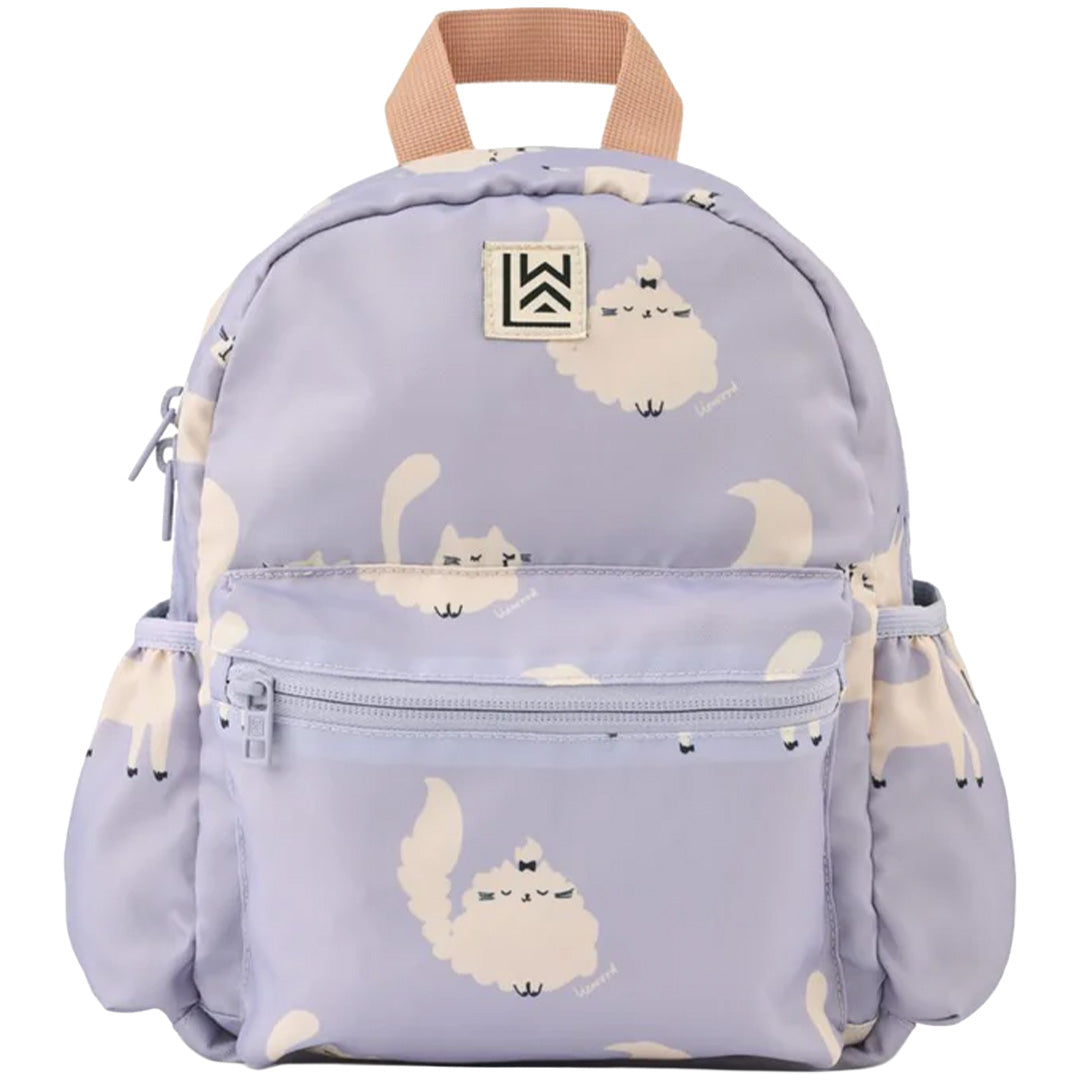 Liewood peuterrugzak Andreas in warm lilac met kattenpatroon, vooraanzicht.
