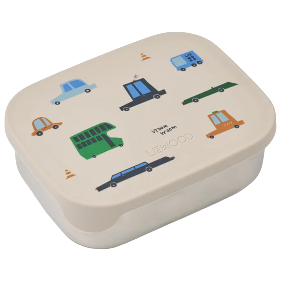 Liewood broodtrommel met beige deksel en illustraties van diverse voertuigen.