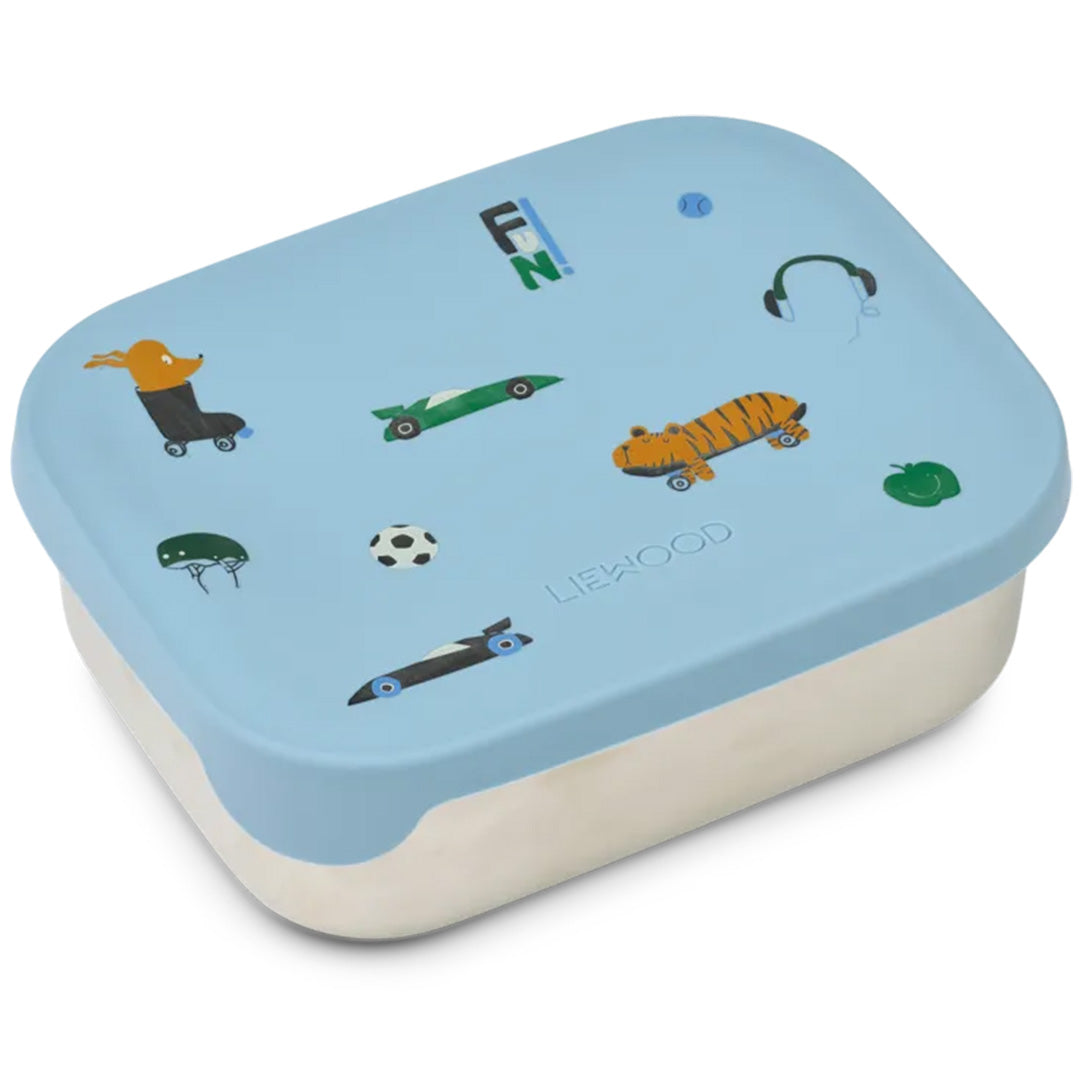 Liewood kinderbroodtrommel met een lichtblauwe deksel versierd met dieren en voertuigen.