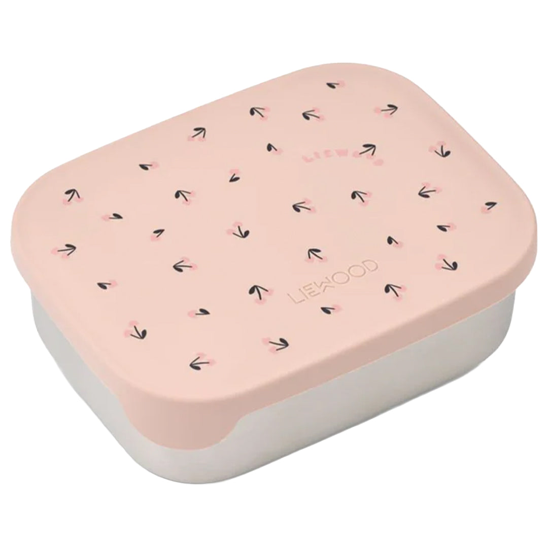 Liewood roze broodtrommel met mini cherry heart patroon op de deksel.