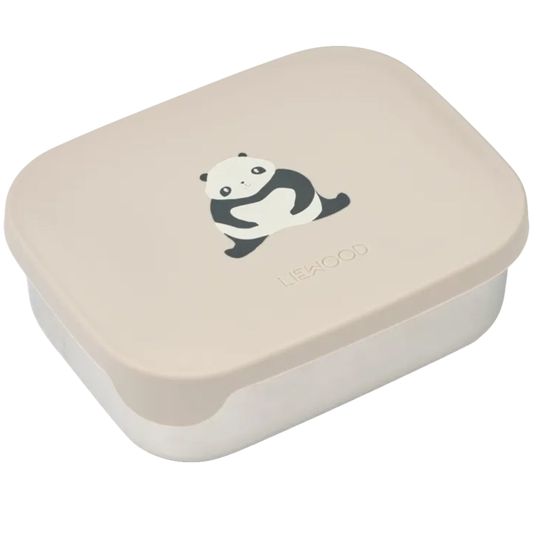 Liewood rvs broodtrommel met beige deksel en panda-illustratie.