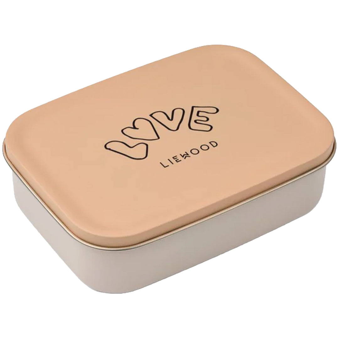 Liewood RVS broodtrommel Nina in pale tuscany met 'LOVE' op de deksel.