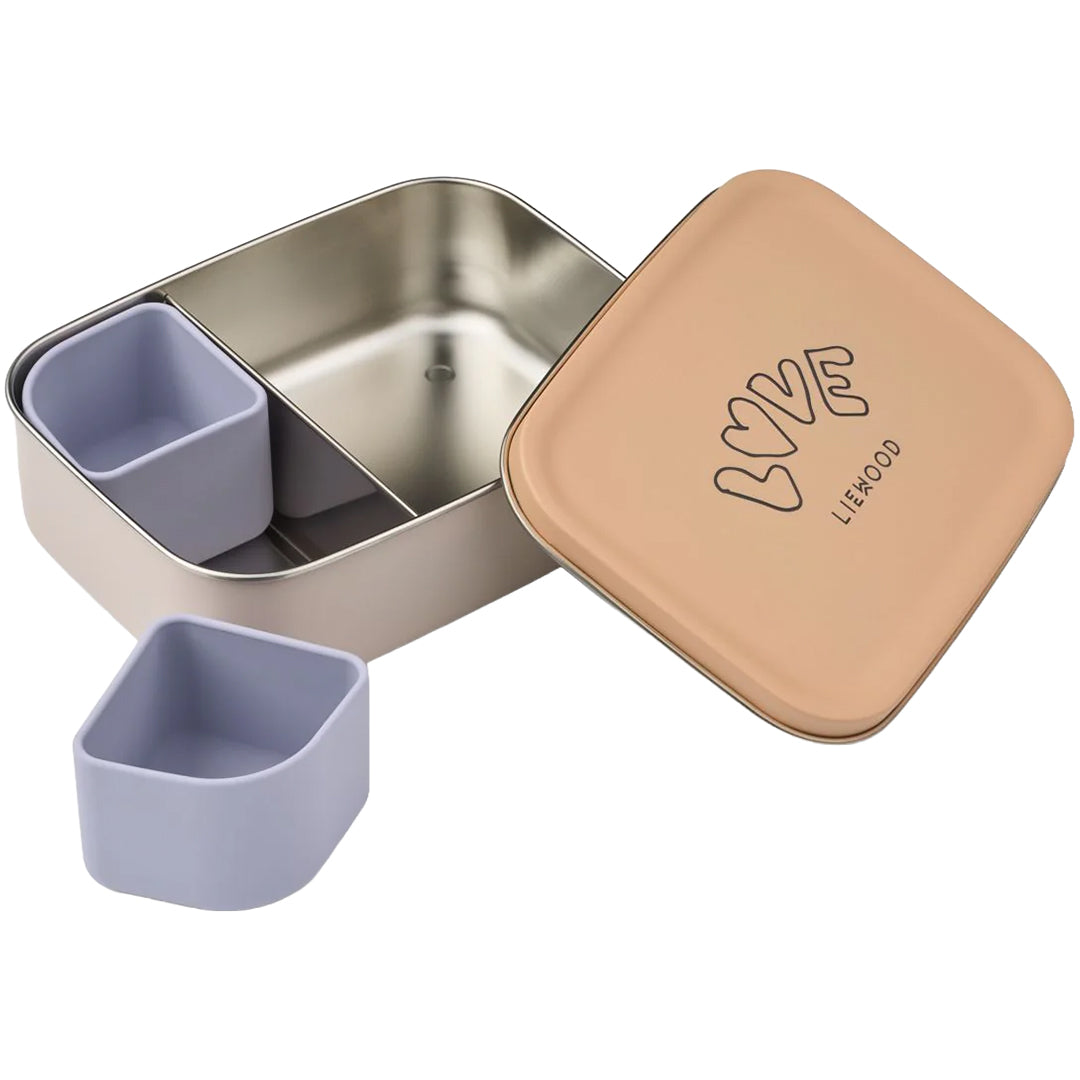 Liewood RVS broodtrommel Nina open met deksel en twee losse lila siliconen bakjes.