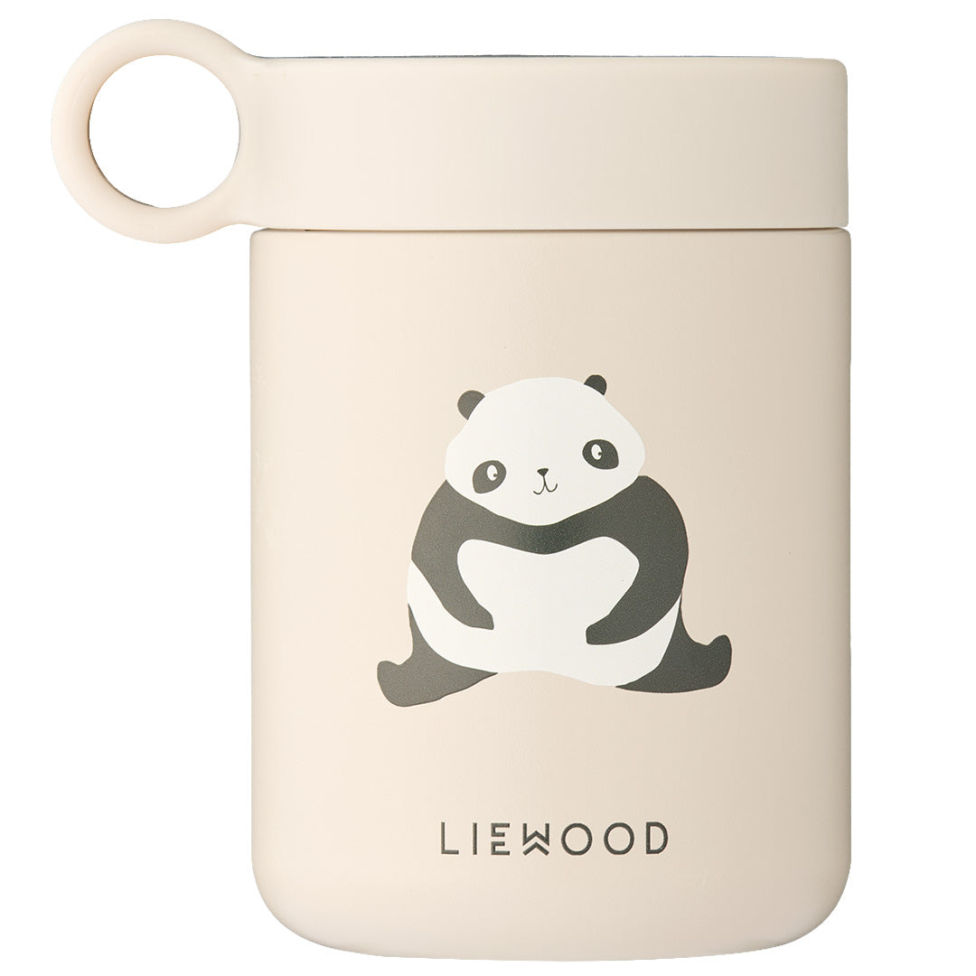 Liewood thermoscontainer met panda-illustratie en handvat aan de zijkant.