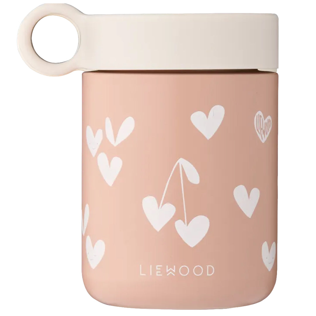 Liewood roze thermoscontainer met witte harten en kersenpatroon.