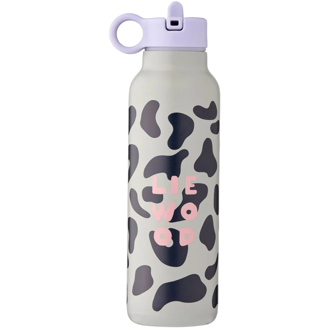 Liewood RVS thermosfles met grijs-zwart dierenprint en paarse drinktuit.