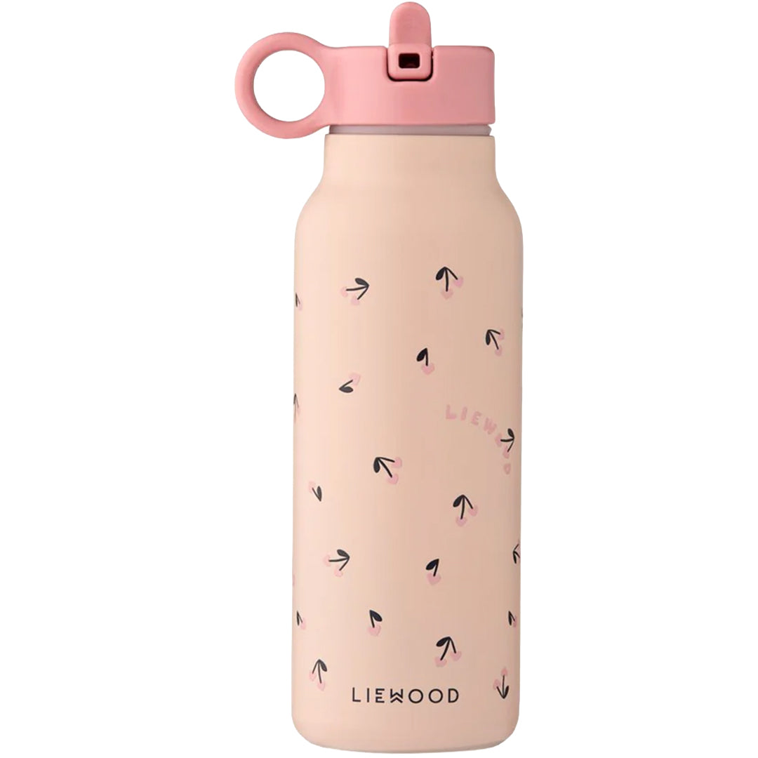Liewood roze RVS thermosfles met kersenhartjespatroon en roze drinktuit.