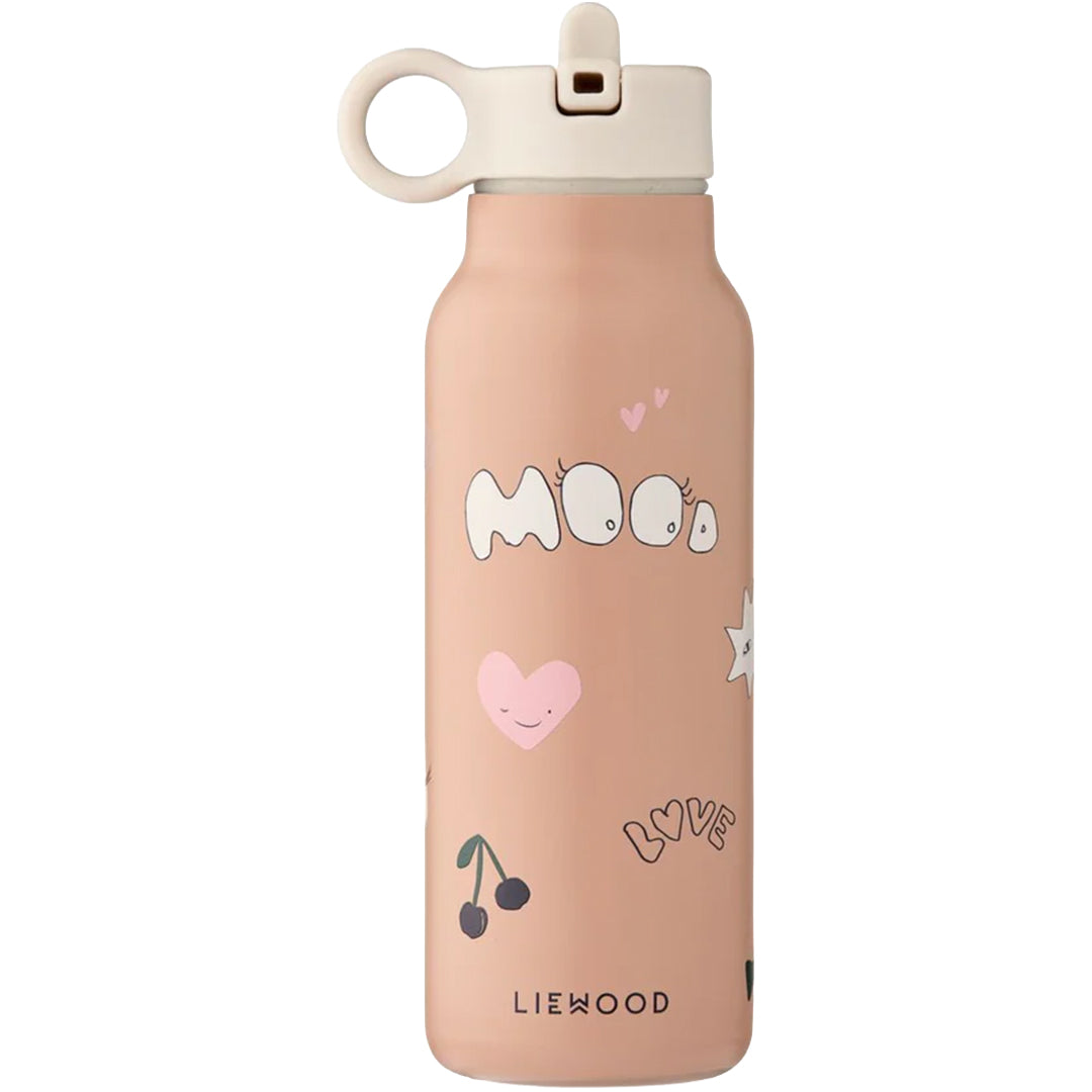 Liewood RVS thermosfles in pale tuscany met 'Mood' patroon en een lichtgekleurde drinktuit.