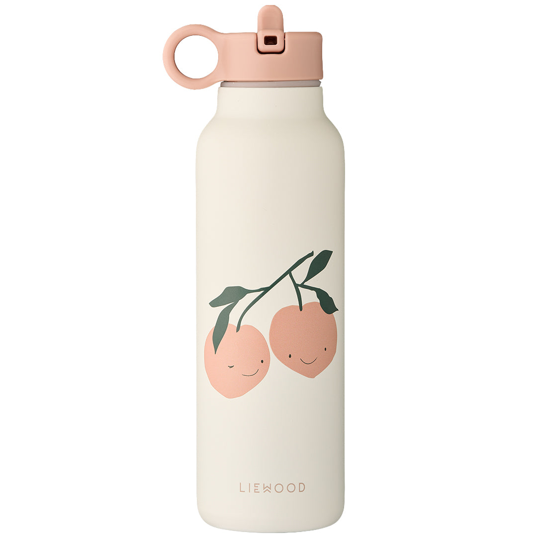 Liewood rvs thermosfles in beige met een roze dop en een print van twee lachende perziken.