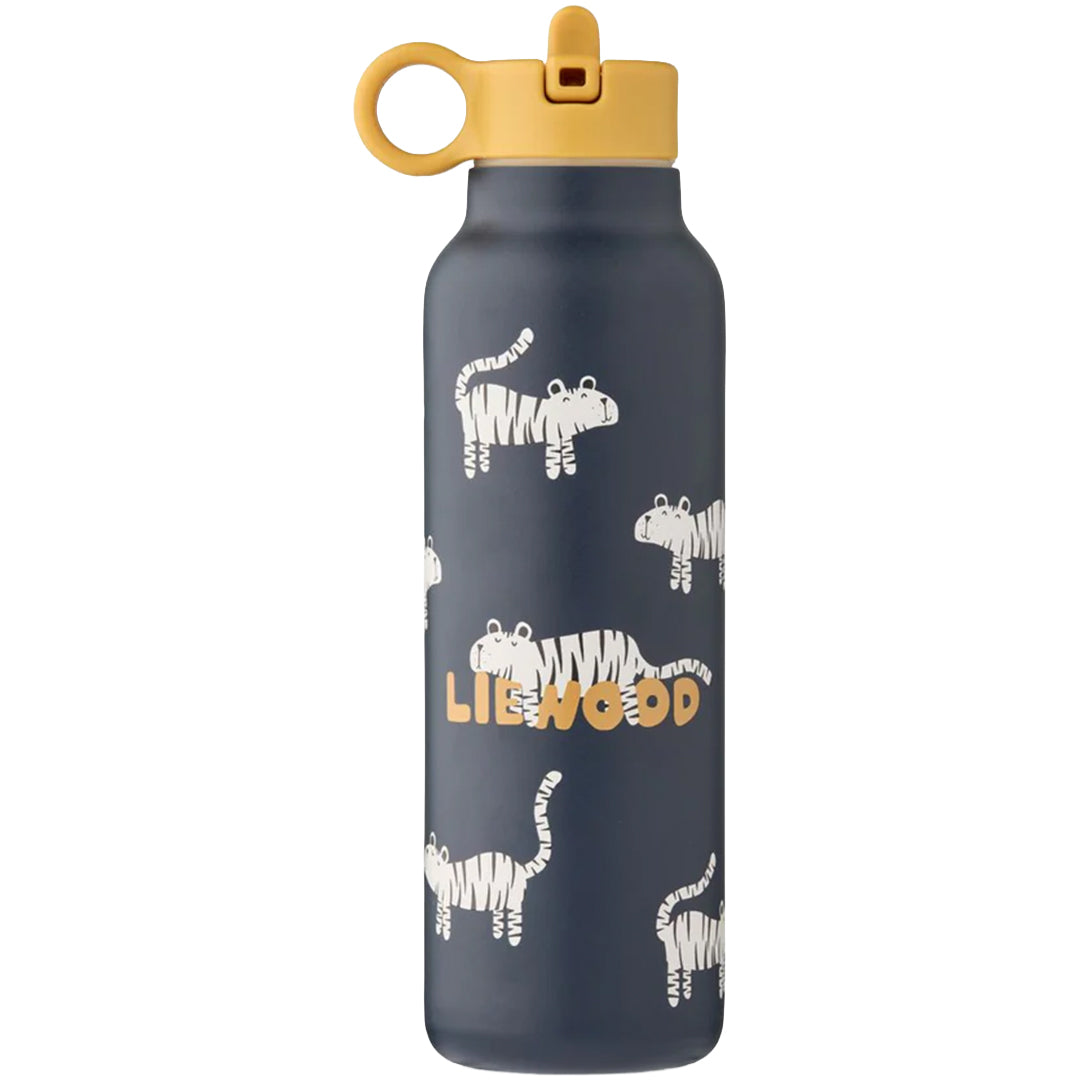 Liewood rvs thermosfles in marineblauw met witte tijgerprint en geel logo.