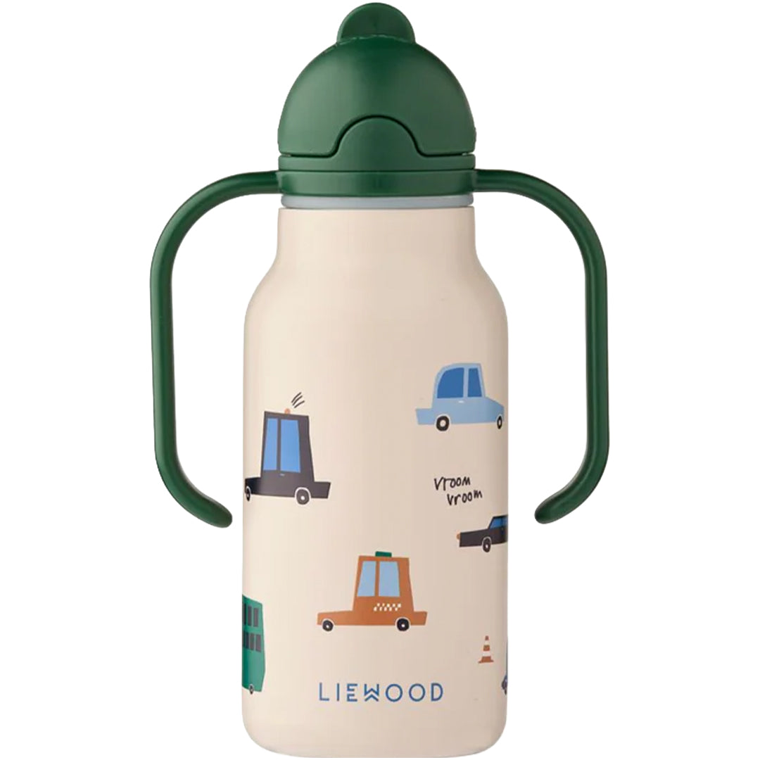 Liewood rvs tuitbeker voor baby's en peuters met auto's, groene handvatten en rietje.