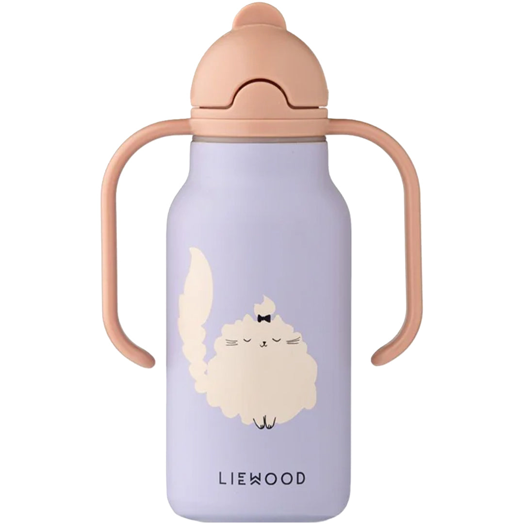 Liewood rvs thermosfles voor baby's in paars met een kattenillustratie en roze handvatten.