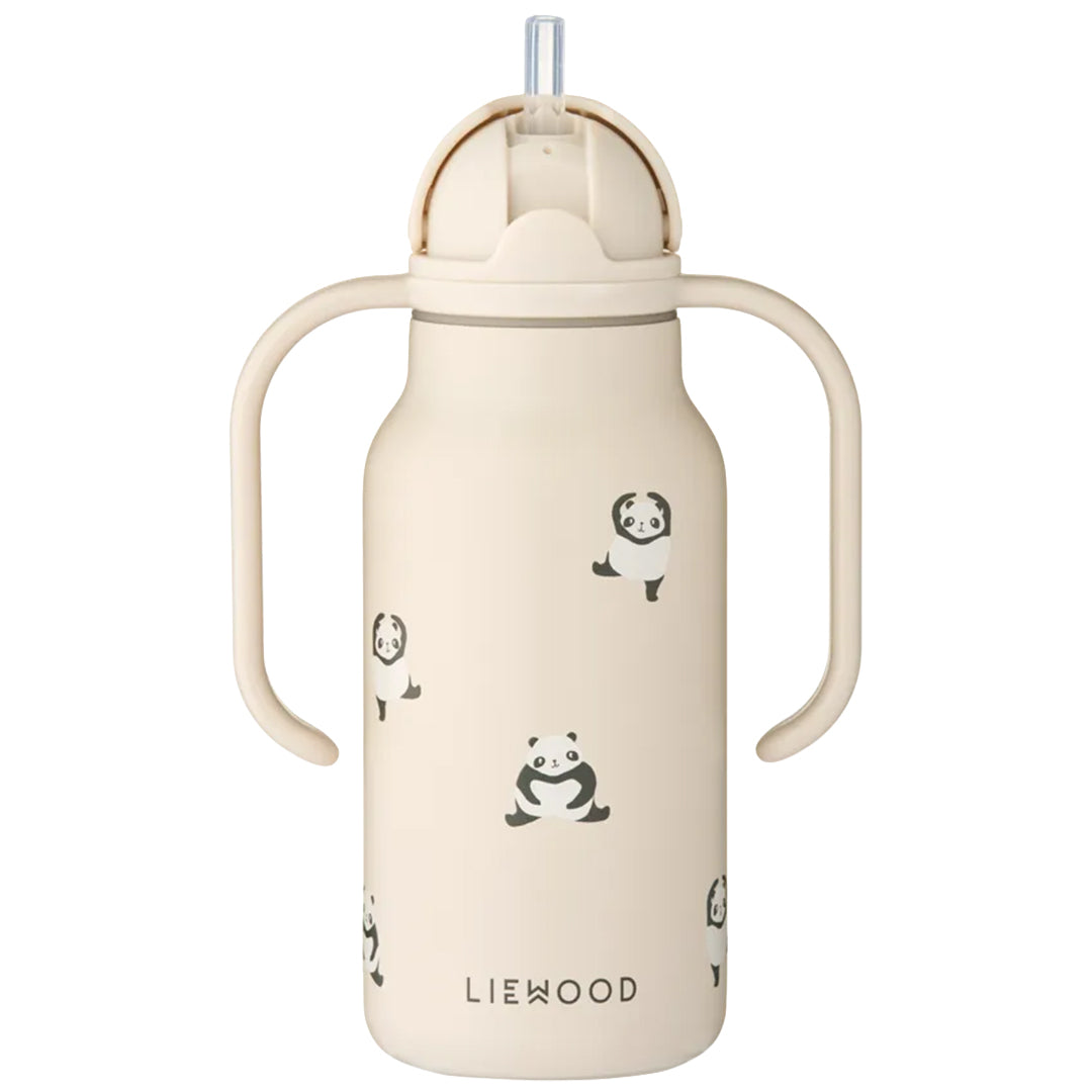 Liewood rvs thermosfles met handvatten en uitgeschoven rietje, met pandapatroon.