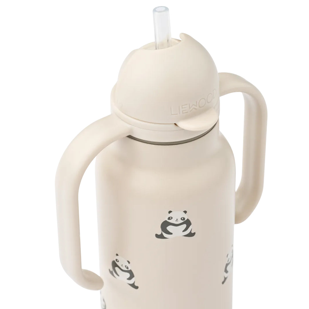 Liewood rvs thermosfles met uitgeschoven rietje en handvat.