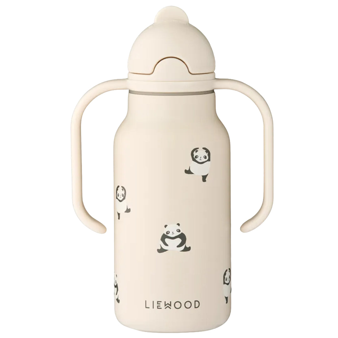 Liewood rvs thermosfles met handvatten en pandapatroon.