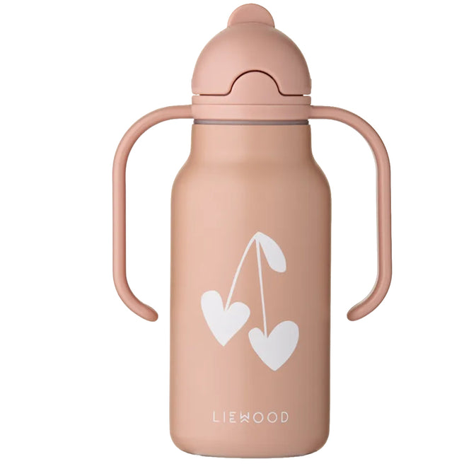 Liewood roze RVS thermosfles voor baby's met handvatten en een wit harten-kersenpatroon.