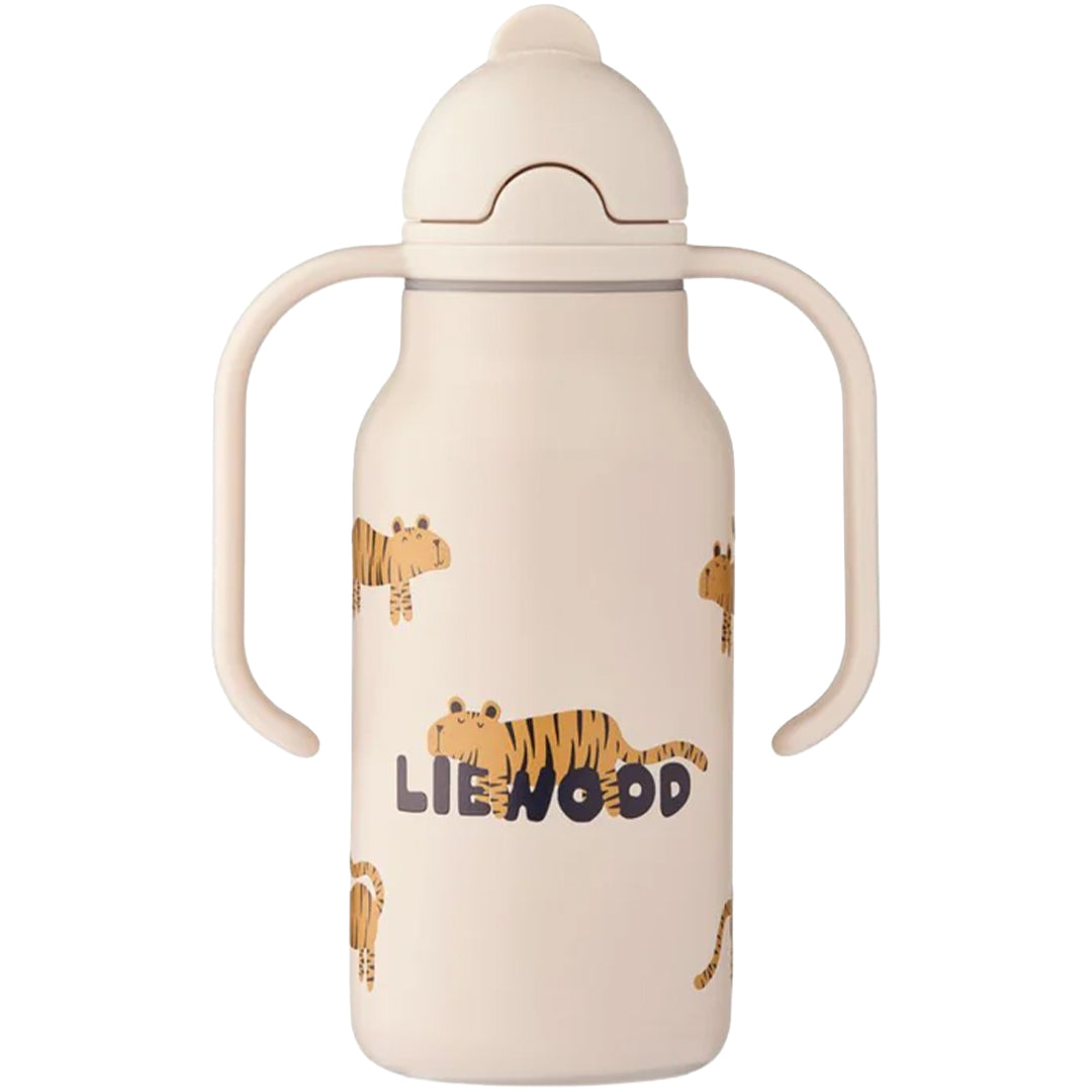 Liewood rvs tuitbeker voor baby's met tijgerprint en handvatten.