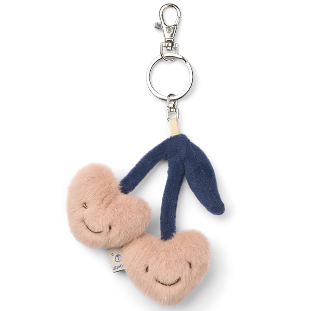 Liewood sleutelhanger met twee roze pluche harten met lachende gezichtjes, verbonden door een blauwe steel.