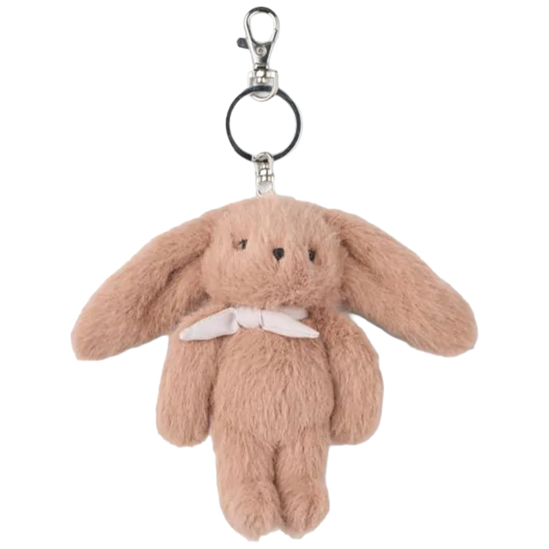 Liewood pluche roze konijn sleutelhanger met witte strik en zilveren clip op een witte achtergrond.
